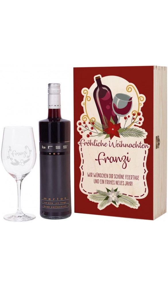 Herz & Heim® Bree Wein 0,75l festliches Geschenkset mit personalisierter Holzbox und Glas -Frohe Weihnachten- Rot - B09MJRJNW7O
