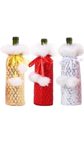 UXCHGALE Weinflaschenverschluss mit Kunstfell-Pailletten-Kordelzug Wein-Geschenkbeutel Weihnachtsdekoration Feiertagsfeier Weinbeutel gold+rot+weiß - B09G9LV9PR8