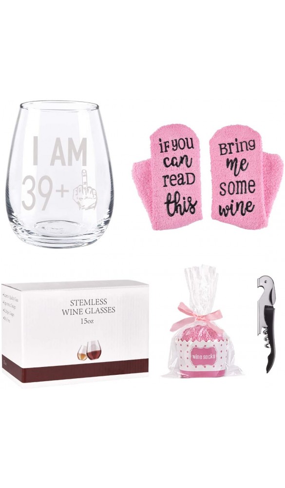 Gtmileo Weinglas 39 Plus Mittelfinger und Cupcake Weinsocken Geschenk-Set für Frauen und Mädchen einzigartiges Geschenk zum 40. Geburtstag für Freunde perfekte Party-Dekoration 425 ml - B07Z77QXN5P