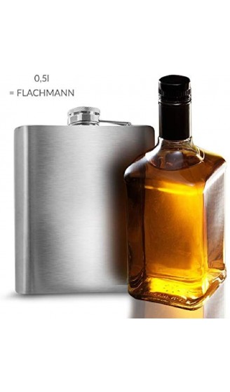 0,5 L Flachmann Trinkflasche aus Edelstahl Silber mit Schraubverschluss Auslaufsicher mit 500 ml Fassungsvolumen 17x13x3 cm Mehrweg Schnapsflasche Taschenflasche Halber Liter 16 oz - B00U2HJC0UF