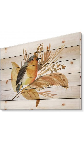 DesignQ Robin Bird and Autumn Flowers Traditional Print on Natural Pine Wood - B09JQB81QZR