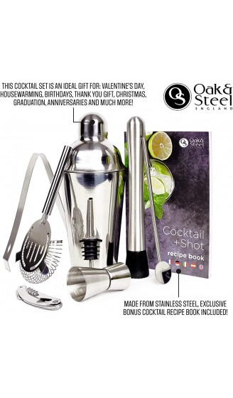 Oak & Steel 10-Teiliges Komplettes Professionelles Cocktail Shaker Geschenkset aus Edelstahl mit Cocktail & Shot Rezeptbuch Barzubehör Cocktailmixer Set - B075WWJPW74