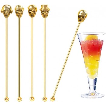Beyoo 5 Stück Totenkopf-Kaffee-Rührstäbchen aus Edelstahl zum Mixen von Cocktail Whiskey Fruchtsaft Gold - B09FNYSK394