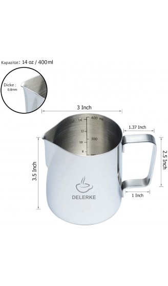 DELERKE Milchkännchen 400 ml Handheld Edelstahl Aufschäumkännchen Kaffee Creamer Milch Aufschäumer Kännchen Tasse mit Messung Mark und Latte Art Pen Silber - B08932TG8MT