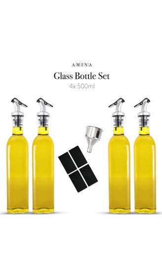 Essig und Öl Spender Set Madeira 4 x 500 ml Flaschen aus Glas mit Trichter aus Metall und Etiketten zur Beschriftung | Auslaufsicher und Tropffrei | mit Anti-Schmutz Verschluss - B08JQ7YSY1O