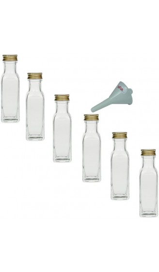 mikken 6 x Glasflasche 100 ml mit Schraubverschluss leere Flaschen zum Befüllen als Ölflasche Schnapsflasche Einmachflasche etc. verwendbar inkl. Trichter Ø 5 cm - B00B0UYMGM2