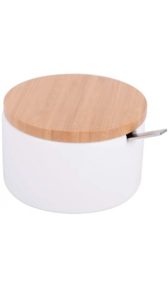 KOOK TIME Keramik Zuckerdose mit Löffel und Deckel aus Bambus -Zuckerlöffel für Haus und Küche moderne Kugelform für Zucker Käse Gewürze 12.5 x 10 x 6.5 cm Weiß - B07KYWNTKWK