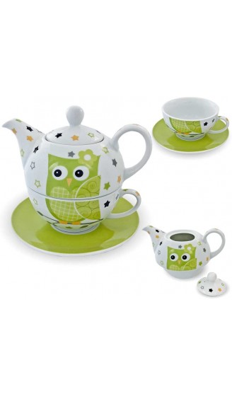 G. Wurm GmbH + Co. KG Porzellan-Tee-Set „Tea for One“ Teeservice mit Teekanne Tasse Untertasse grün weiß Eule - B00IGA6R4YC
