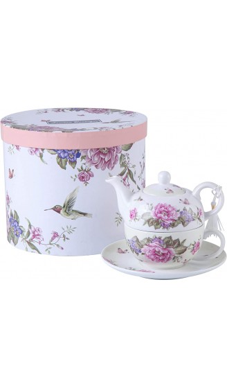 London Boutique Tea for One Teekanne Tasse Suacer Set Shaby Chic Flora Vogel Rose Schmetterling Porzellan Geschenkbox Beige Creme - B0772WXMLTN