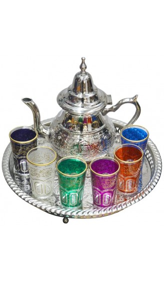 Marokkanische Tee-Set für den täglichen Gebrauch inkl. Teekanne 660 ml Durchmesser 32 cm 6 typische Gläser aus Glas - B094BK6PSLF