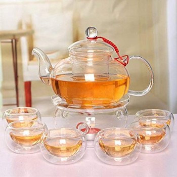 Beddingleer Teekanne aus Glas 600 mL Teebereiter + 6 Tea Tassen + Wärmer mit Glasfilter und Glasdeckel aus hochwertigem Borsilikatglas - B01MFD4MSO8