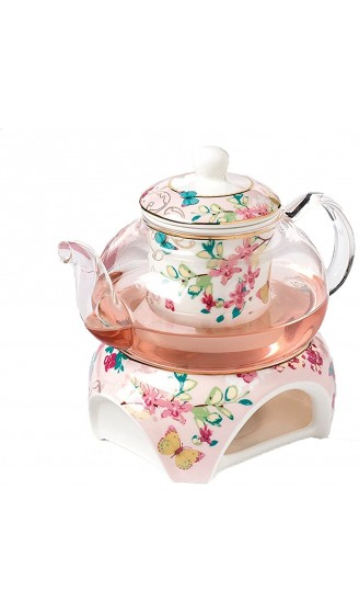 YBK Tech Teekanne mit Stövchen und Teesieb aus feinem Porzellan und Glas Rosa Schmetterlingenmuster - B07DLQJ914R