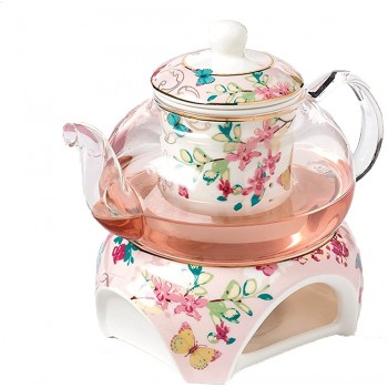 YBK Tech Teekanne mit Stövchen und Teesieb aus feinem Porzellan und Glas Rosa Schmetterlingenmuster - B07DLQJ914R