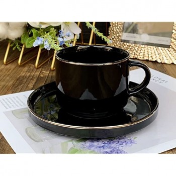 12-Teiliges Espresso Mokka Kaffeeset aus Porzellan mit Untertassen Kaffeebecher Tasse Schwarz mit Gold Umrandung Kaffeetasse - B09RWW9G8TR