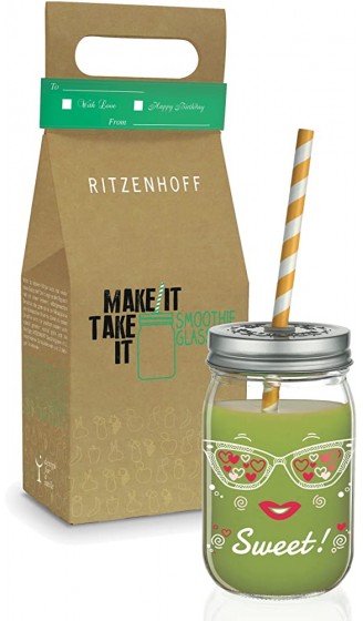 RITZENHOFF Make It Take It Smoothieglas von Nils Kunath aus Glas 450 ml mit zwei farbigen Bio-Trinhalmen und zwei Schraubdeckeln - B0759H4NYWR