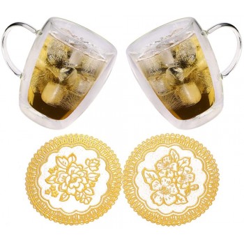 2er Doppelwandiges Teeglas Kaffeetassen mit Henkel und Untersetzer Set aus Gläser doppelwandigen Thermogläser hitzebeständiges Trinkgläser aus Glas für Tee oder Kaffee Hoher Borosilikat Becher 350ml - B08YYHB987L
