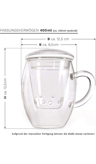 Creano Teeglas all in one Große Teetasse mit Sieb und Deckel aus Glas 400ml ein idealer Teebereiter - B006A1SZ28I