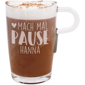 Herz & Heim® Leonardo Loop Glastasse mit Gravur des Wunschnamens für Kaffeegenießer Mach mal Pause - B095L4LG68Q