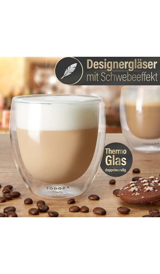 JODORA Design Cappuccino Gläser doppelwandig {4 x 250ml} Kaffeegläser doppelwandig spülmaschinenfest Cappuccino Tassen mit 4 stilvollen Löffeln hochwertige Thermogläser doppelwandig - B09PZFXW7SR