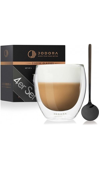 JODORA Design Cappuccino Gläser doppelwandig {4 x 250ml} Kaffeegläser doppelwandig spülmaschinenfest Cappuccino Tassen mit 4 stilvollen Löffeln hochwertige Thermogläser doppelwandig - B09PZFXW7SR