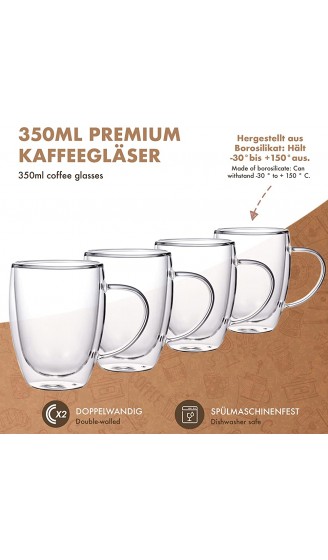 Panteer ® Kaffeegläser doppelwandig 4x 350ml aus Borosilikatglas mit 4 langen Löffeln Latte Macchiato Gläser Teegläser Thermogläser doppelwandig Mit Henkel - B08TX4KPDVO