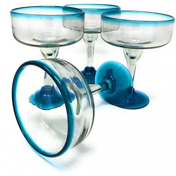 Mexikanisches mundgeblasenes Glas 4er Set mundgeblasene Margarita-Gläser 16 oz mit aquabblauen Rändern - B07XLRQPFBH