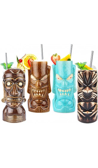Tiki Tassen Set mit 4 — Große Keramik Hawaii Luau Party Becher Trinkgeschirr Tiki Bar Becher für Cocktails Premium Tropische Tassen Getränke für exotische Party -TJB07 4 - B08NW1Z83XT