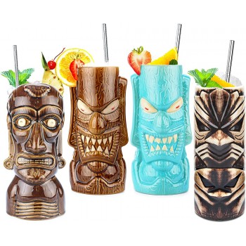 Tiki Tassen Set mit 4 — Große Keramik Hawaii Luau Party Becher Trinkgeschirr Tiki Bar Becher für Cocktails Premium Tropische Tassen Getränke für exotische Party -TJB07 4 - B08NW1Z83XT