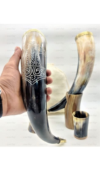 Carfar Natürliches echtes Horn handgefertigtes Wikinger Mittelalter LARP Trinkhorn mit Hornständer Becher Bier für Ale Set von 4 Trinkhorn - B098153VTYG