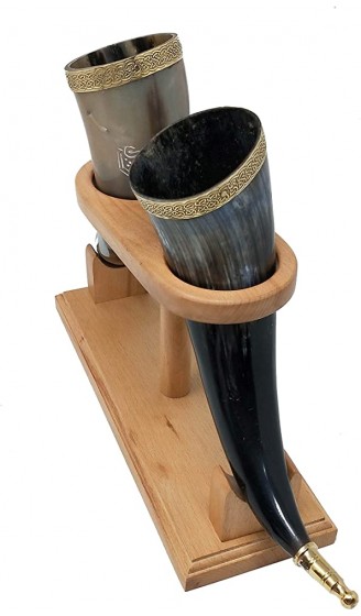 Galaxy Indiacraft Viking drinking mug handmade natural ox horn mug for ale beer mead wine 30.5 cm 100% leak-proof with a beautiful wooden stand set of 2 - B08CD8PYGYC