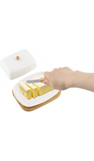 COAWG Butterdose Porzellan mit Deckel Butterbehälter mit Buttermesser Griff Design Bambus Holztablett Butterbox für Haushalt und Küche- Geeignet für Butter Käse Spülmaschinengeeignetweiß - B088CXGG6ZS