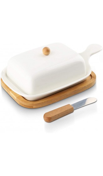COAWG Butterdose Porzellan mit Deckel Butterbehälter mit Buttermesser Griff Design Bambus Holztablett Butterbox für Haushalt und Küche- Geeignet für Butter Käse Spülmaschinengeeignetweiß - B088CXGG6ZS