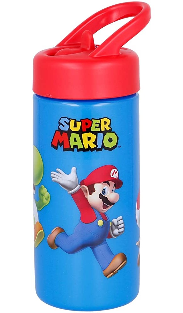 Sport-Wasserflasche mit Trinkhalm und integriertem Griff von 410 ml | Super Mario - B08XVXS756G
