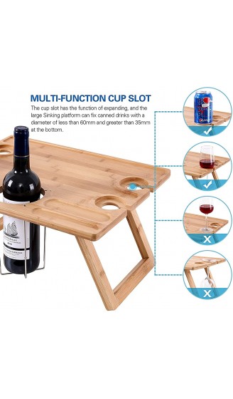 Tragbarer Bambus-Wein-Picknicktisch faltbarer Snacktisch mit Weinflaschenhalter und 4 Weinglashalter - B09GX8LDJHJ