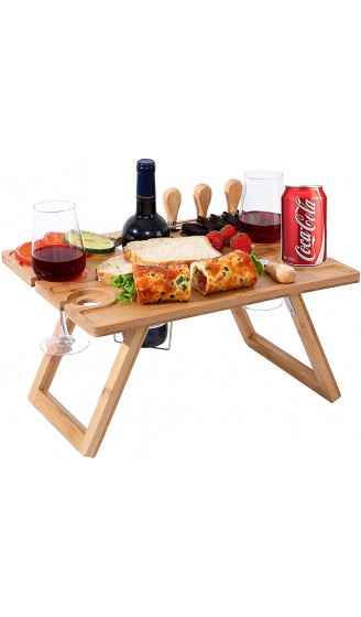 Tragbarer Bambus-Wein-Picknicktisch faltbarer Snacktisch mit Weinflaschenhalter und 4 Weinglashalter - B09GX8LDJHJ