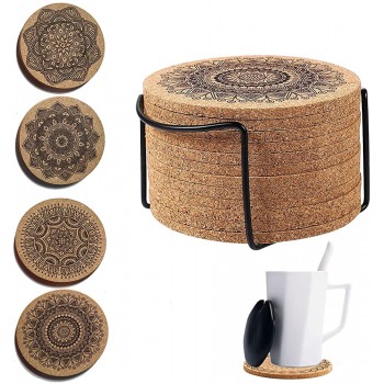12 Stück Kork Untersetzer Saugfähigen Tasse Coaster Holz Mandala Eco- Freundliche Untertassen Runde Hot Pot Halter Pads mit Rack für Kaffee Home Bar Küche Restaurant - B09P3129XY1